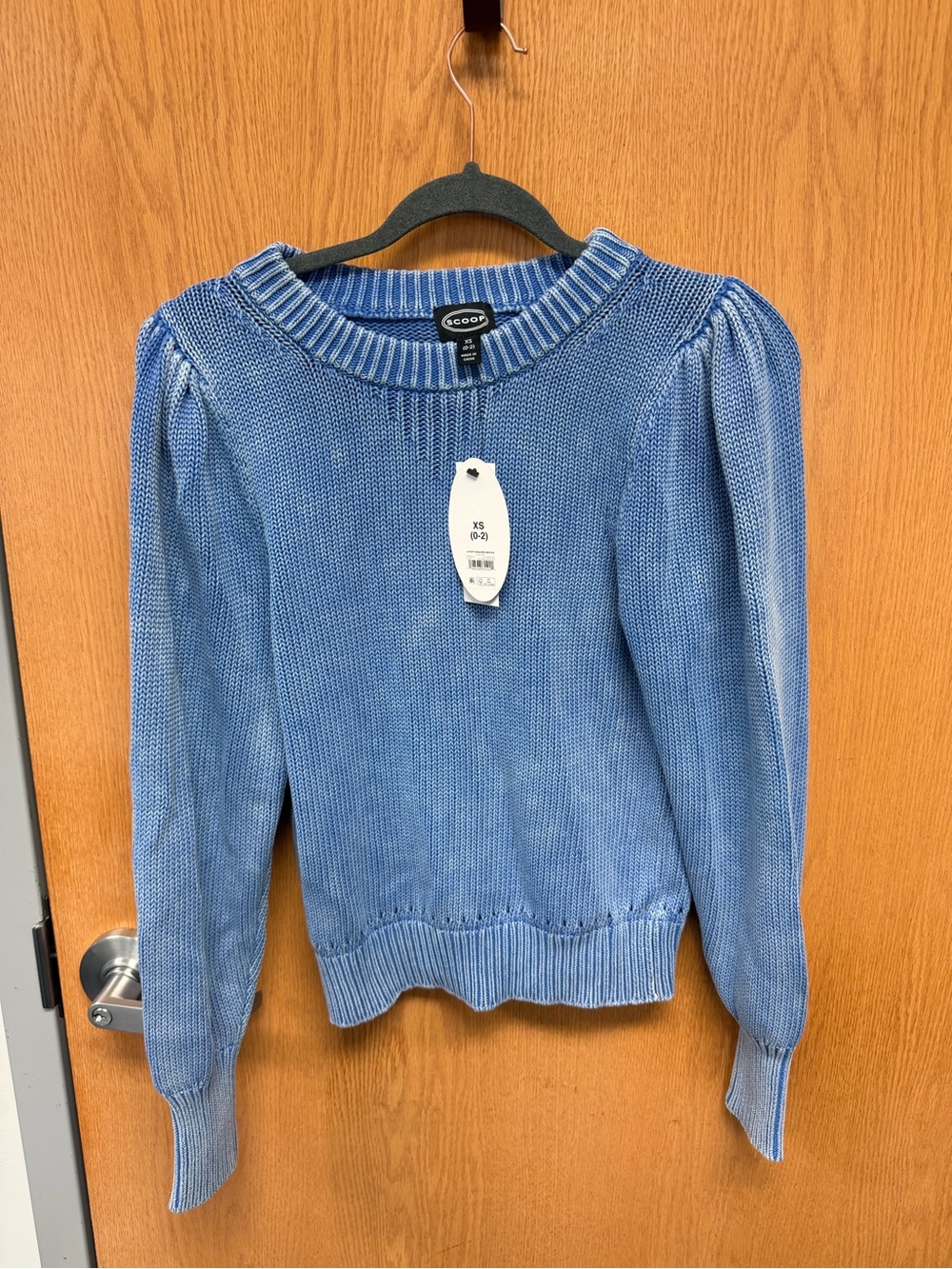 Scooped Puff-Sleeve Crewneck Sweater in Sky Blue